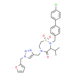 ChemSpider 2D Image | 2-[(4'-Chloro-4-biphenylyl)methyl]-5-{[1-(2-furylmethyl)-1H-1,2,3-triazol-4-yl]methyl}-3-isopropyl-1,2,5-thiadiazepan-4-one 1,1-dioxide | C28H30ClN5O4S