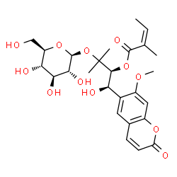 ChemSpider 2D Image | (1R,2S)-3-(beta-D-Glucopyranosyloxy)-1-hydroxy-1-(7-methoxy-2-oxo-2H-chromen-6-yl)-3-methyl-2-butanyl (2Z)-2-methyl-2-butenoate | C26H34O12