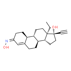 ChemSpider 2D Image | (3Z,8S,9R,10S,13R,14R,17S)-13-Ethyl-17-ethynyl-3-(hydroxyimino)-2,3,6,7,8,9,10,11,12,13,14,15,16,17-tetradecahydro-1H-cyclopenta[a]phenanthren-17-ol | C21H29NO2