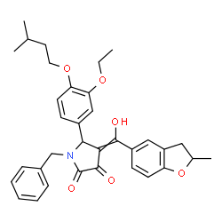 ChemSpider 2D Image | 1-Benzyl-5-[3-ethoxy-4-(3-methylbutoxy)phenyl]-4-[hydroxy(2-methyl-2,3-dihydro-1-benzofuran-5-yl)methylene]-2,3-pyrrolidinedione | C34H37NO6