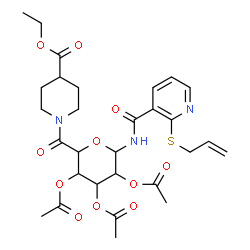 ChemSpider 2D Image | Ethyl 1-{[3,4,5-triacetoxy-6-({[2-(allylsulfanyl)-3-pyridinyl]carbonyl}amino)tetrahydro-2H-pyran-2-yl]carbonyl}-4-piperidinecarboxylate | C29H37N3O11S