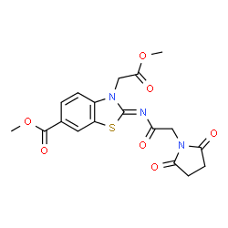 ChemSpider 2D Image | Methyl (2Z)-2-{[(2,5-dioxo-1-pyrrolidinyl)acetyl]imino}-3-(2-methoxy-2-oxoethyl)-2,3-dihydro-1,3-benzothiazole-6-carboxylate | C18H17N3O7S