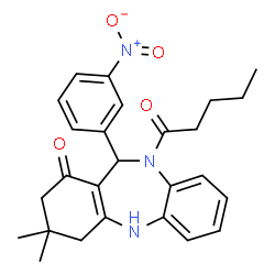 ChemSpider 2D Image | 3,3-Dimethyl-11-(3-nitrophenyl)-10-pentanoyl-2,3,4,5,10,11-hexahydro-1H-dibenzo[b,e][1,4]diazepin-1-one | C26H29N3O4