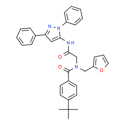 ChemSpider 2D Image | N-{2-[(1,3-Diphenyl-1H-pyrazol-5-yl)amino]-2-oxoethyl}-N-(2-furylmethyl)-4-(2-methyl-2-propanyl)benzamide | C33H32N4O3