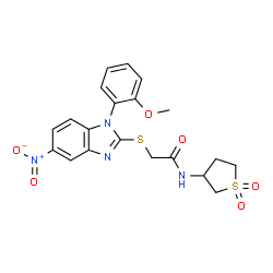 ChemSpider 2D Image | N-(1,1-Dioxidotetrahydro-3-thiophenyl)-2-{[1-(2-methoxyphenyl)-5-nitro-1H-benzimidazol-2-yl]sulfanyl}acetamide | C20H20N4O6S2