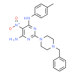 ChemSpider 2D Image | 2-(4-Benzyl-1-piperazinyl)-N-(4-methylphenyl)-5-nitro-4,6-pyrimidinediamine | C22H25N7O2