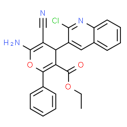 ChemSpider 2D Image | Ethyl 6-amino-4-(2-chloro-3-quinolinyl)-5-cyano-2-phenyl-4H-pyran-3-carboxylate | C24H18ClN3O3