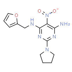 ChemSpider 2D Image | N-(2-Furylmethyl)-5-nitro-2-(1-pyrrolidinyl)-4,6-pyrimidinediamine | C13H16N6O3