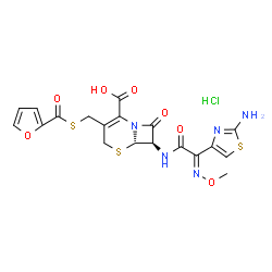 ChemSpider 2D Image | (6S,7R)-7-{[(2E)-2-(2-Amino-1,3-thiazol-4-yl)-2-(methoxyimino)acetyl]amino}-3-[(2-furoylsulfanyl)methyl]-8-oxo-5-thia-1-azabicyclo[4.2.0]oct-2-ene-2-carboxylic acid hydrochloride (1:1) | C19H18ClN5O7S3