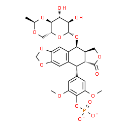ChemSpider 2D Image | 4-[(5R,5aR,8aR,9S)-9-({4,6-O-[(1R)-Ethylidene]-beta-D-glucopyranosyl}oxy)-6-oxo-5,5a,6,8,8a,9-hexahydrofuro[3',4':6,7]naphtho[2,3-d][1,3]dioxol-5-yl]-2,6-dimethoxyphenyl phosphate | C29H31O16P