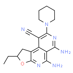 ChemSpider 2D Image | 5,6-diamino-2-ethyl-8-piperidin-1-yl-1,2-dihydrofuro[2,3-c]-2,7-naphthyridine-9-carbonitrile | C18H22N6O