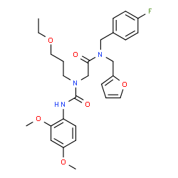 ChemSpider 2D Image | N~2~-[(2,4-Dimethoxyphenyl)carbamoyl]-N~2~-(3-ethoxypropyl)-N-(4-fluorobenzyl)-N-(2-furylmethyl)glycinamide | C28H34FN3O6