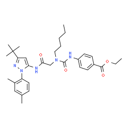 ChemSpider 2D Image | Ethyl 4-{[(2-{[1-(2,4-dimethylphenyl)-3-(2-methyl-2-propanyl)-1H-pyrazol-5-yl]amino}-2-oxoethyl)(pentyl)carbamoyl]amino}benzoate | C32H43N5O4
