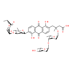 ChemSpider 2D Image | 4-{6-[(2S,5aR,7R,10aR)-2,9-Dimethyl-3-oxooctahydro-2H,5aH-dipyrano[2,3-b:4',3'-e][1,4]dioxin-7-yl]-1,5-dihydroxy-9,10-dioxo-9,10-dihydro-2-anthracenyl}-3-{[(2S,5S)-5-{[(2S,5R)-5-hydroxy-6-methyltetrah
ydro-2H-pyran-2-yl]oxy}-6-methyltetrahydro-2H-pyran-2-yl]oxy}-3-methylbutanoic acid | C43H52O16