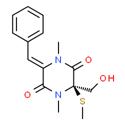 ChemSpider 2D Image | (3R,6Z)-6-Benzylidene-3-(hydroxymethyl)-1,4-dimethyl-3-(methylsulfanyl)-2,5-piperazinedione | C15H18N2O3S