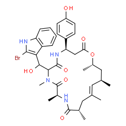 ChemSpider 2D Image | (4R,10S,13S,15E,17R,19S)-7-[(2-Bromo-1H-indol-3-yl)(hydroxy)methyl]-4-(4-hydroxyphenyl)-8,10,13,15,17,19-hexamethyl-1-oxa-5,8,11-triazacyclononadec-15-ene-2,6,9,12-tetrone | C36H45BrN4O7
