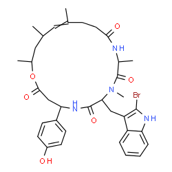 ChemSpider 2D Image | 7-[(2-Bromo-1H-indol-3-yl)methyl]-4-(4-hydroxyphenyl)-8,10,15,17,19-pentamethyl-1-oxa-5,8,11-triazacyclononadec-15-ene-2,6,9,12-tetrone | C35H43BrN4O6