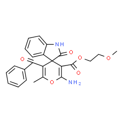 ChemSpider 2D Image | 2-Methoxyethyl 2'-amino-5'-benzoyl-6'-methyl-2-oxo-1,2-dihydrospiro[indole-3,4'-pyran]-3'-carboxylate | C24H22N2O6