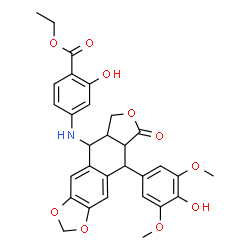 ChemSpider 2D Image | Ethyl 2-hydroxy-4-{[9-(4-hydroxy-3,5-dimethoxyphenyl)-8-oxo-5,5a,6,8,8a,9-hexahydrofuro[3',4':6,7]naphtho[2,3-d][1,3]dioxol-5-yl]amino}benzoate | C30H29NO10
