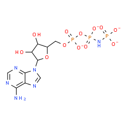 ChemSpider 2D Image | 9-[5-O-({[(Phosphonatoamino)phosphinato]oxy}phosphinato)pentofuranosyl]-9H-purin-6-amine | C10H13N6O12P3