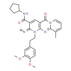 ChemSpider 2D Image | (2E)-N-Cyclopentyl-1-[2-(3,4-dimethoxyphenyl)ethyl]-2-imino-10-methyl-5-oxo-1,5-dihydro-2H-dipyrido[1,2-a:2',3'-d]pyrimidine-3-carboxamide | C28H31N5O4