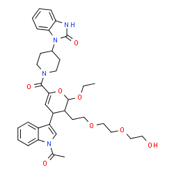 ChemSpider 2D Image | 1-(1-{[4-(1-Acetyl-1H-indol-3-yl)-2-ethoxy-3-{2-[2-(2-hydroxyethoxy)ethoxy]ethyl}-3,4-dihydro-2H-pyran-6-yl]carbonyl}-4-piperidinyl)-1,3-dihydro-2H-benzimidazol-2-one | C36H44N4O8