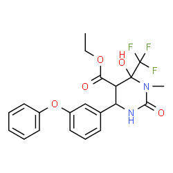 ChemSpider 2D Image | Ethyl 6-hydroxy-1-methyl-2-oxo-4-(3-phenoxyphenyl)-6-(trifluoromethyl)hexahydro-5-pyrimidinecarboxylate | C21H21F3N2O5