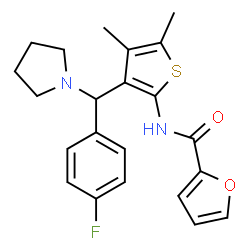 ChemSpider 2D Image | N-{3-[(4-Fluorophenyl)(1-pyrrolidinyl)methyl]-4,5-dimethyl-2-thienyl}-2-furamide | C22H23FN2O2S