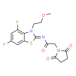 ChemSpider 2D Image | N-[(2Z)-4,6-Difluoro-3-(2-methoxyethyl)-1,3-benzothiazol-2(3H)-ylidene]-2-(2,5-dioxo-1-pyrrolidinyl)acetamide | C16H15F2N3O4S