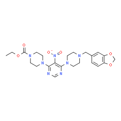 ChemSpider 2D Image | Ethyl 4-{6-[4-(1,3-benzodioxol-5-ylmethyl)-1-piperazinyl]-5-nitro-4-pyrimidinyl}-1-piperazinecarboxylate | C23H29N7O6