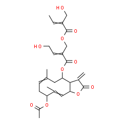 ChemSpider 2D Image | 9-Acetoxy-6,10-dimethyl-3-methylene-2-oxo-2,3,3a,4,5,8,9,11a-octahydrocyclodeca[b]furan-4-yl 4-hydroxy-2-({[2-(hydroxymethyl)-2-butenoyl]oxy}methyl)-2-butenoate | C27H34O10