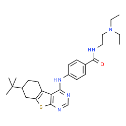 ChemSpider 2D Image | N-[2-(Diethylamino)ethyl]-4-{[7-(2-methyl-2-propanyl)-5,6,7,8-tetrahydro[1]benzothieno[2,3-d]pyrimidin-4-yl]amino}benzamide | C27H37N5OS