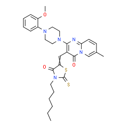 ChemSpider 2D Image | 3-[(3-Hexyl-4-oxo-2-thioxo-1,3-thiazolidin-5-ylidene)methyl]-2-[4-(2-methoxyphenyl)-1-piperazinyl]-7-methyl-4H-pyrido[1,2-a]pyrimidin-4-one | C30H35N5O3S2