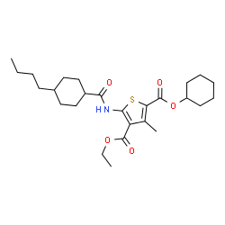 ChemSpider 2D Image | 2-Cyclohexyl 4-ethyl 5-{[(4-butylcyclohexyl)carbonyl]amino}-3-methyl-2,4-thiophenedicarboxylate | C26H39NO5S