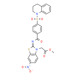 ChemSpider 2D Image | Methyl [(2E)-2-{[4-(3,4-dihydro-1(2H)-quinolinylsulfonyl)benzoyl]imino}-6-nitro-1,3-benzothiazol-3(2H)-yl]acetate | C26H22N4O7S2