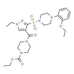 ChemSpider 2D Image | Ethyl 4-[(3-{[4-(2-ethoxyphenyl)-1-piperazinyl]sulfonyl}-1-ethyl-1H-pyrazol-4-yl)carbonyl]-1-piperazinecarboxylate | C25H36N6O6S