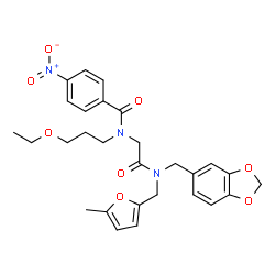 ChemSpider 2D Image | N-(2-{(1,3-Benzodioxol-5-ylmethyl)[(5-methyl-2-furyl)methyl]amino}-2-oxoethyl)-N-(3-ethoxypropyl)-4-nitrobenzamide | C28H31N3O8