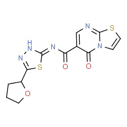 ChemSpider 2D Image | 5-Oxo-N-[5-(tetrahydro-2-furanyl)-1,3,4-thiadiazol-2-yl]-5H-[1,3]thiazolo[3,2-a]pyrimidine-6-carboxamide | C13H11N5O3S2