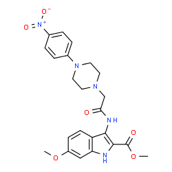 ChemSpider 2D Image | Methyl 6-methoxy-3-({[4-(4-nitrophenyl)-1-piperazinyl]acetyl}amino)-1H-indole-2-carboxylate | C23H25N5O6