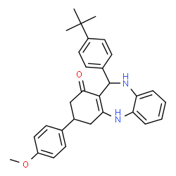 ChemSpider 2D Image | 3-(4-Methoxyphenyl)-11-[4-(2-methyl-2-propanyl)phenyl]-2,3,4,5,10,11-hexahydro-1H-dibenzo[b,e][1,4]diazepin-1-one | C30H32N2O2