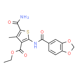 ChemSpider 2D Image | Ethyl 2-[(1,3-benzodioxol-5-ylcarbonyl)amino]-5-carbamoyl-4-methyl-3-thiophenecarboxylate | C17H16N2O6S