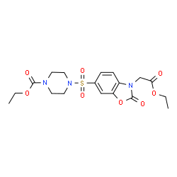 ChemSpider 2D Image | Ethyl 4-{[3-(2-ethoxy-2-oxoethyl)-2-oxo-2,3-dihydro-1,3-benzoxazol-6-yl]sulfonyl}-1-piperazinecarboxylate | C18H23N3O8S