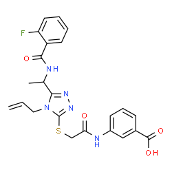 ChemSpider 2D Image | 3-({[(4-Allyl-5-{1-[(2-fluorobenzoyl)amino]ethyl}-4H-1,2,4-triazol-3-yl)sulfanyl]acetyl}amino)benzoic acid | C23H22FN5O4S