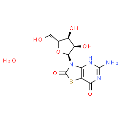 ChemSpider 2D Image | 5-Amino-3-(alpha-D-ribofuranosyl)[1,3]thiazolo[4,5-d]pyrimidine-2,7(3H,4H)-dione hydrate (1:1) | C10H14N4O7S