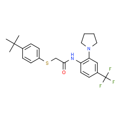 ChemSpider 2D Image | 2-{[4-(2-Methyl-2-propanyl)phenyl]sulfanyl}-N-[2-(1-pyrrolidinyl)-4-(trifluoromethyl)phenyl]acetamide | C23H27F3N2OS