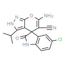 ChemSpider 2D Image | 6'-Amino-5-chloro-3'-isopropyl-2-oxo-1,2-dihydro-1'H-spiro[indole-3,4'-pyrano[2,3-c]pyrazole]-5'-carbonitrile | C17H14ClN5O2