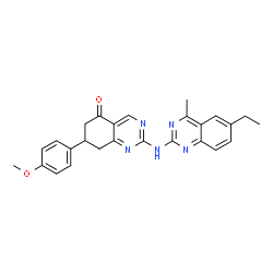 ChemSpider 2D Image | 2-[(6-Ethyl-4-methyl-2-quinazolinyl)amino]-7-(4-methoxyphenyl)-7,8-dihydro-5(6H)-quinazolinone | C26H25N5O2