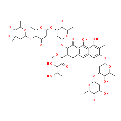 ChemSpider 2D Image | 5-Deoxy-1-C-(7-{[2,6-dideoxy-3-O-(2,6-dideoxyhexopyranosyl)hexopyranosyl]oxy}-3-{[2,6-dideoxy-3-C-methylhexopyranosyl-(1->4)-2,6-dideoxyhexopyranosyl-(1->3)-2,6-dideoxyhexopyranosyl]oxy}-5,10-dihydrox
y-6-methyl-4-oxo-1,2,3,4-tetrahydro-2-anthracenyl)-1-O-methylpent-2-ulose | C52H76O24