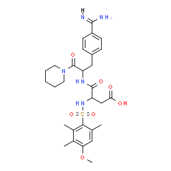 ChemSpider 2D Image | N-[3-(4-Carbamimidoylphenyl)-1-oxo-1-(1-piperidinyl)-2-propanyl]-N~2~-[(4-methoxy-2,3,6-trimethylphenyl)sulfonyl]-alpha-asparagine | C29H39N5O7S