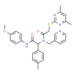 ChemSpider 2D Image | 2-(4,6-dimethylpyrimidin-2-ylthio)-N-(2-(4-methoxyphenylamino)-2-oxo-1-p-tolylethyl)-N-(pyridin-3-ylmethyl)acetamide | C30H31N5O3S